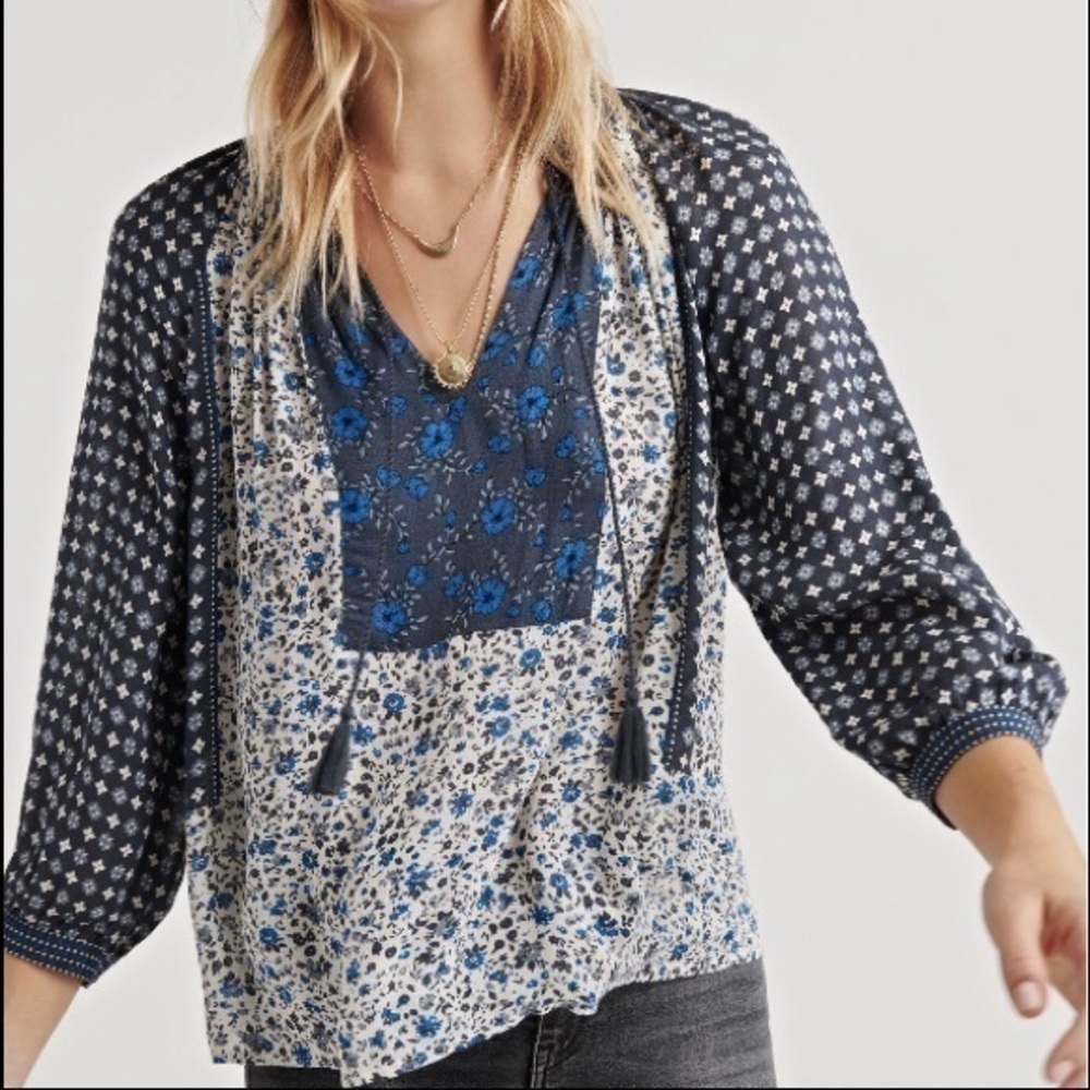 Border Print Peasant Top